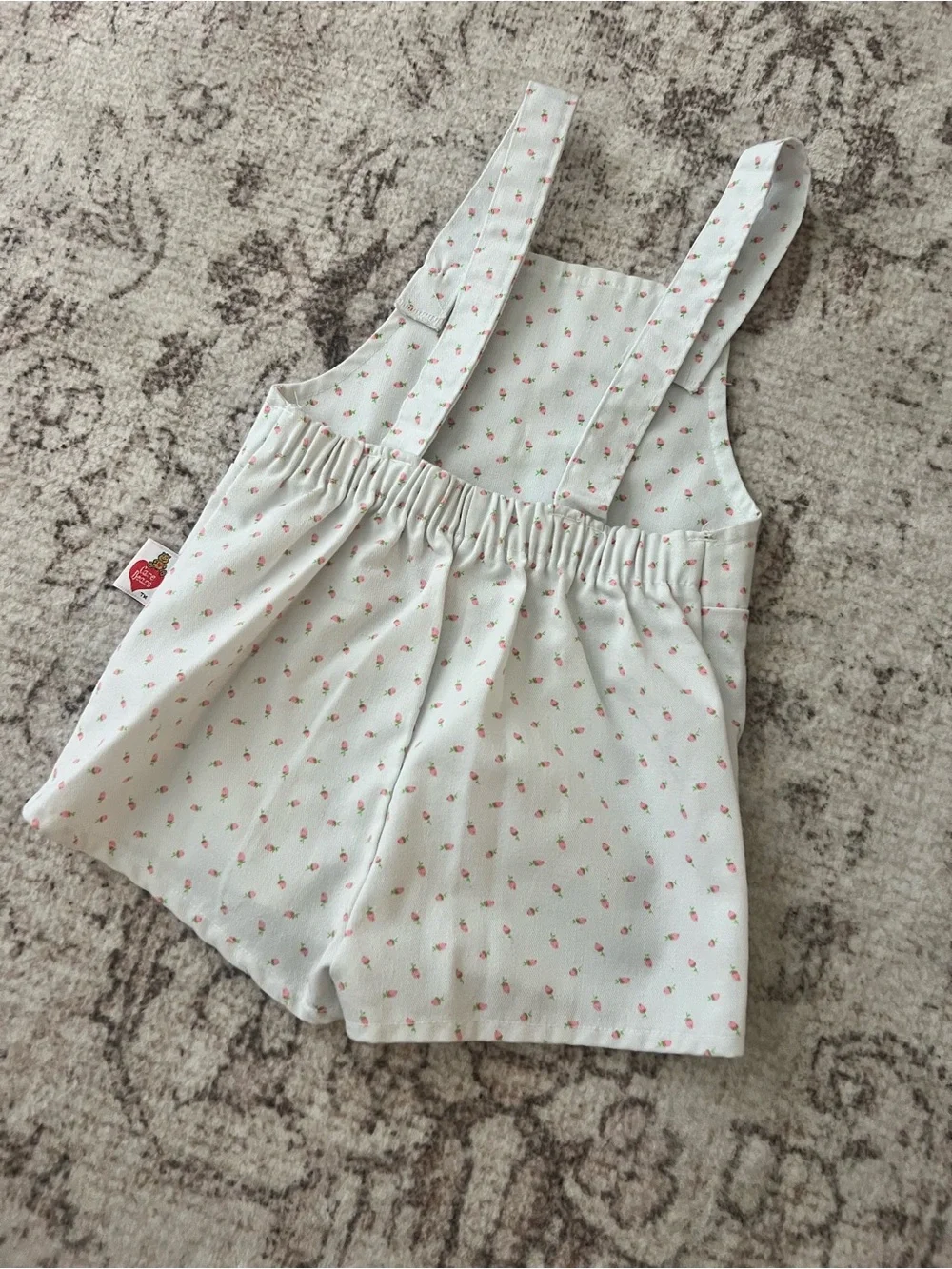 Vintage Care Bears White Overalls with Pink Floral Print and Pink Bear graphic